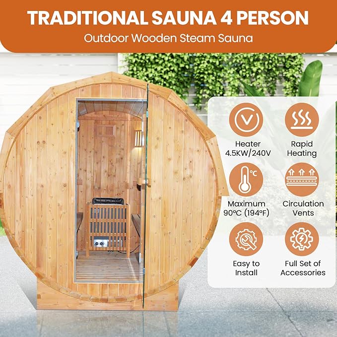 Outdoor Traditional Steam Sauna Barrel Sauna, 4 Person Outdoor Sauna 4.5KW/240V Stove Heater, Finnish Carbonized Spruce with Wooden Barrel, Spoon, Sauna Stone, LED Light - 59 * 70.9 * 75.9 in