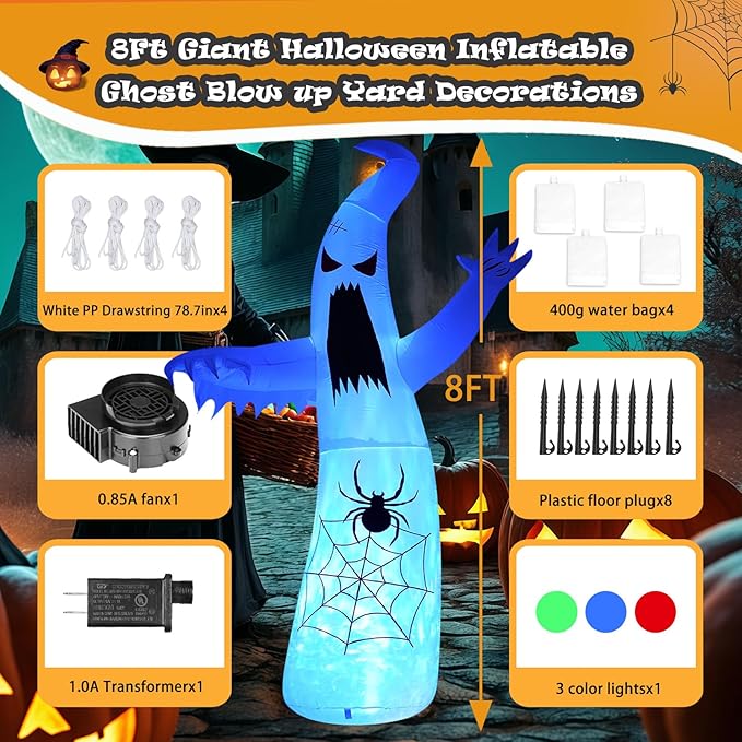 Halloween Inflatable Ghost Decoration, LED Color Changing Lights, Outdoor Yard Decor with Wings (8FT Thriller Spider Ghost)