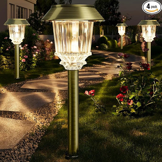 XMCOSY+ Solar Pathway Lights Outdoor - 4 Pack Auto On/Off 10-40 LM Dimmable Waterproof Outdoor Solar Lights for Yard Pathway Garden Driveway Walkway (Bronze)