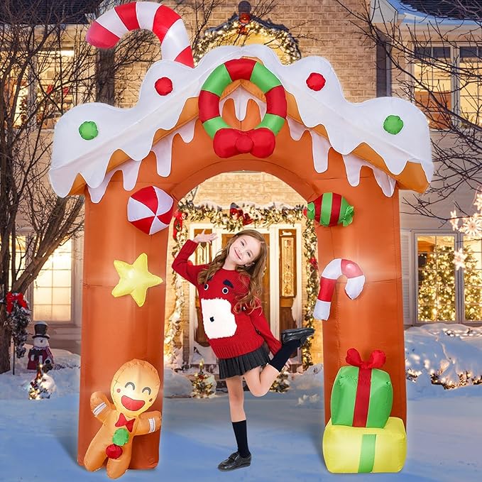 DearSun 10FT H Christmas Inflatable Gingerbread House Archway with Build-in LED Lights, Blow up Christmas Inflatable Outdoor Decorations Large Party Yard Decoration