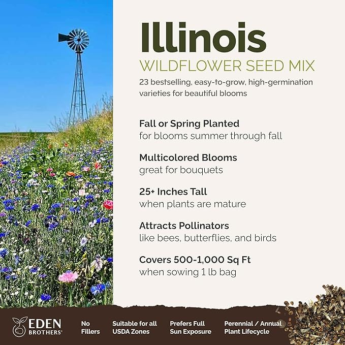 Eden Brothers Illinois Wildflower Mixed Seeds for Planting, 1 lb, 480,000+ Seeds with Cosmos, Blanket Flower | Attracts Pollinators, Plant in Spring or Fall, Zones