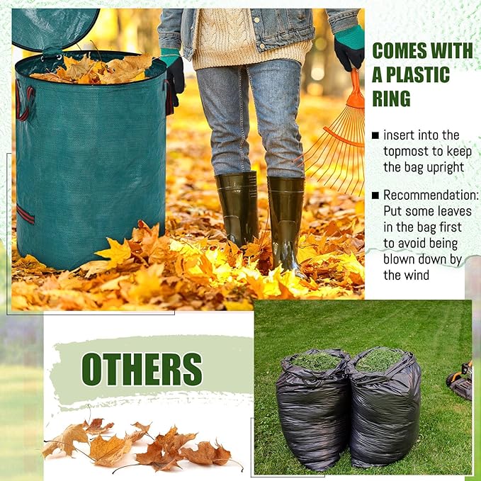 10 Pcs 106 Gallons Yard Waste Bags with Lid and 4 Pairs Gardening Coated Gloves Leaf Bags (h30" x D26") 4 Handles Large Waste Container for Lawn Yard Weed Leaf