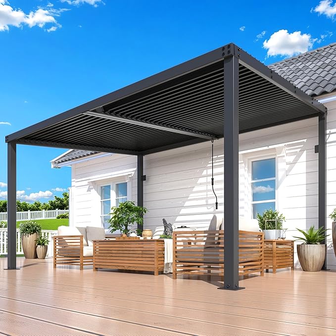 AECOJOY 13' x 10' Louvered Gazebo Pergola, 10x13 Outdoor Hardtop Wall-Mounted Lean to Gazebo with Adjustable Metal Rainproof Patio Roof, Pergolas and Gazebos Clearance, Heavy Duty Awnings for Patio