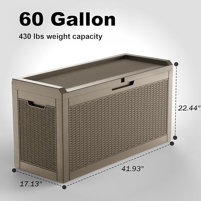 60 Gallon Waterproof Resin Deck Box, UV Resistant Outdoor Storage for Garden, Patio, Porch, Delivery, Gray