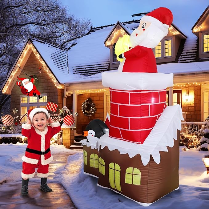DearSun 7FT H Lovely Christmas Inflatable Santa in The Chimney of Candy House with Penguin&Star Decorations, Blow up Christmas House with Build-in LED Lights Indoor Outdoor Holiday Decoration