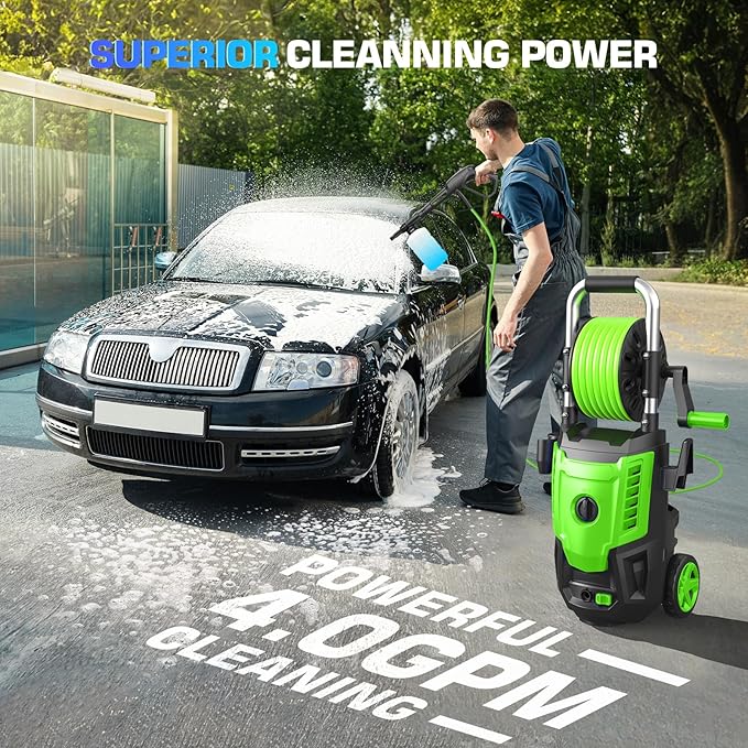4800 PSI Pressure Cleaner- 4.0 GPM High Power Cleaner with 33FT Hose Reel M22-14mm, 4 Nozzles and Foam Cannon, for Home, Cars, Fences, Patio, 2025 Upgraded (Green)
