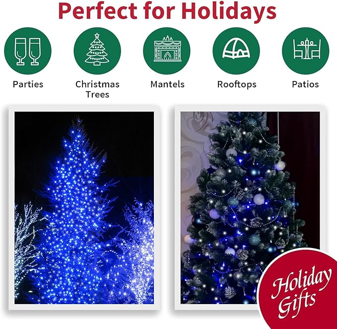 33ft Christmas Decorative Mini Lights, 100 LED Transparent Wire Fairy Starry String Lights Plug in, 16 Lighting Modes for Outdoor Xmas Tree Wedding Party Decoration (White+Blue)