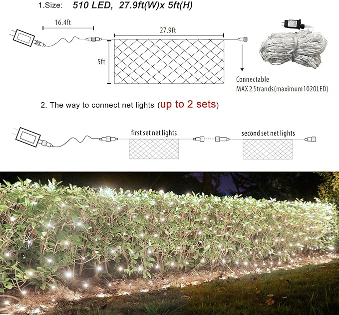 Lovelite 510 LED Christmas Net Lights, 27.9ft x 5ft Mesh Lights Outdoor Clear Wire 8 Modes, Waterproof Connectable String Lights Plug in for Xmas Tree Bushes Garden Holiday Party Decorations - White