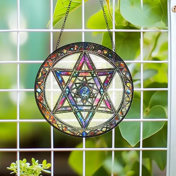 Star of David Suncatcher Stained Glass Window Hanging - 9.84inch Hand-Painted Sun Catcher Garden Hanging Decoration with Metal Chain Outdoor Garden Decor Gift for Women