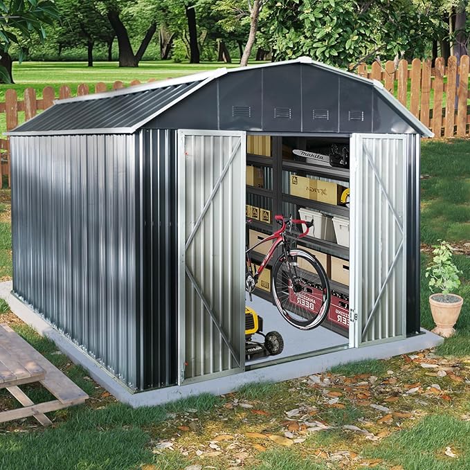 Ball & Cast 10x12FT Outdoor Storage Shed,Large Metal Tool Sheds with Locking Double Doors,Garden Tool House W/Arch Roof & Ventilation Slots,for Backyard Garden Patio Lawn,Black