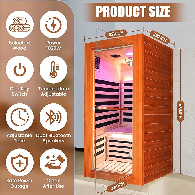 Far Infrared Sauna for Home Indoor Sauna Wooden Dry Saunas for 1 Person 1020W 110V with Control Panel, Bluetooth Speaker, Reading Lamp