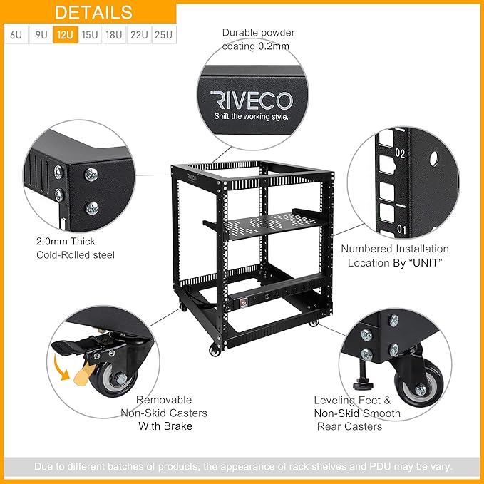RIVECO 19" 12U Server Rack Open Frame with Wheels + PDU (8 Outlets) Power Strip Surge Protector + 1U Rack Shelf Cantilever Tray Set Black