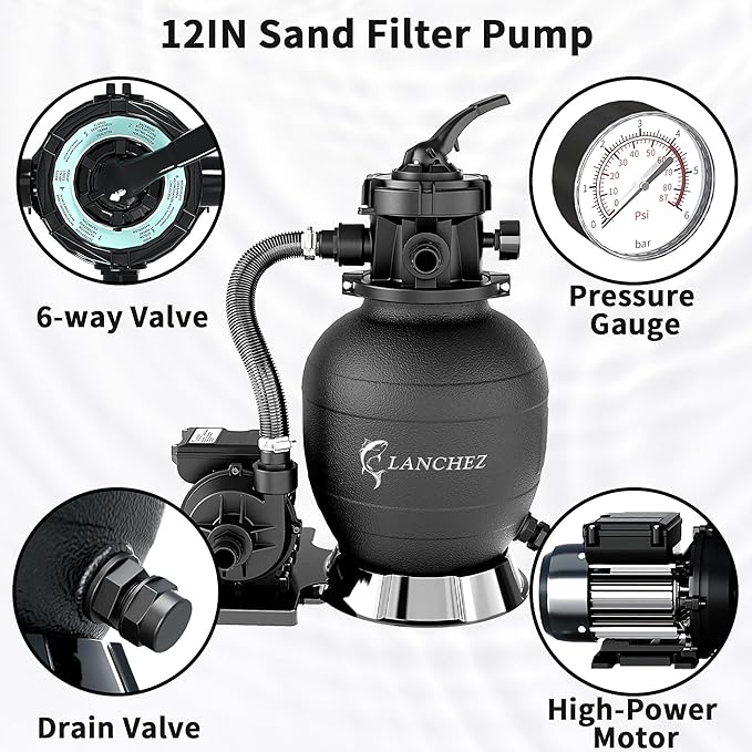 LANCHEZ 12'' Sand Filter Pump for Above Ground Pool, 1/3 HP, Max 2400 GPH for Pools Up to 7000 GAL, 6-Way Valve Pool Sand Filter System, Enhanced Circulation for Crystal-Clear Pool