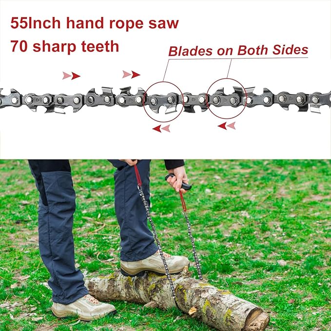 55 Inch High Reach Hand Rope Saw for Tree Limbs with 70 Sharp Teeth Blades on Both Sides,Rope Saw Tree Saw High Limb Rope Chainsaw, Pocket Chainsaw