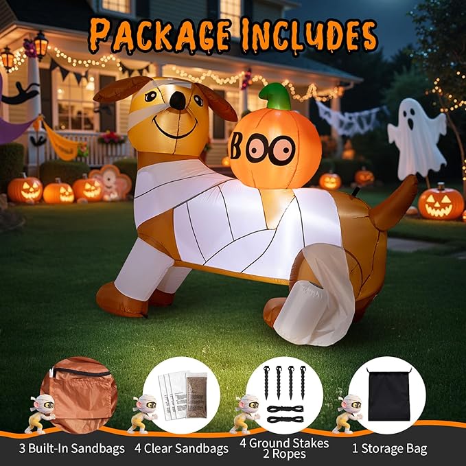 Dawdix 5FT Halloween Inflatable Mummy Dog Outdoor Decoration, Funny Blow Up Puppy Wrapped in Toilet Paper with Boo Pumpkin, Halloween Inflatable Dachshund Decor for Yard, Lawn, Garden, Porch