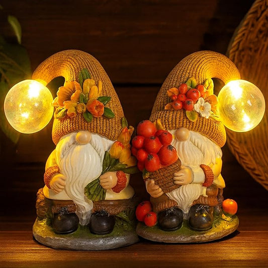 Bdor Fall Gnomes Garden Decor 7 Inch – Harvest Gnome Statue with LED Crackle Globe Lights, Autumn Yard Ornaments for Thanksgiving, Outdoor Lawn, Porch, Patio, Garden Decorations