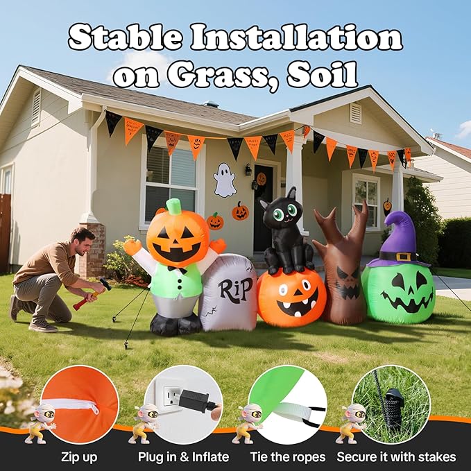 Halloween Inflatables Outdoor Decoration, 8.5ft Pumpkin/Tombstone/Black Cat/Ghost Tree, Cute Blow Up Yard Decor, for Outside Garage Door Graveyard Yard Porch Lawn (8.5ft Pumpkin+Black Cat)