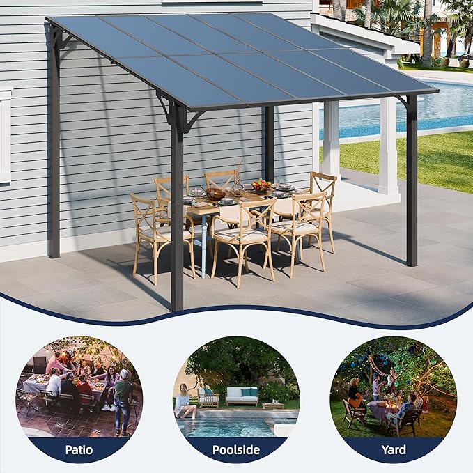 JY QAQA 10x10FT Outdoor Pergola, Gazebo Pergola with Sloped Roof, Large Wall Mounted Heavy Duty Awning for Patio, Deck, Backyard Outdoor pergola