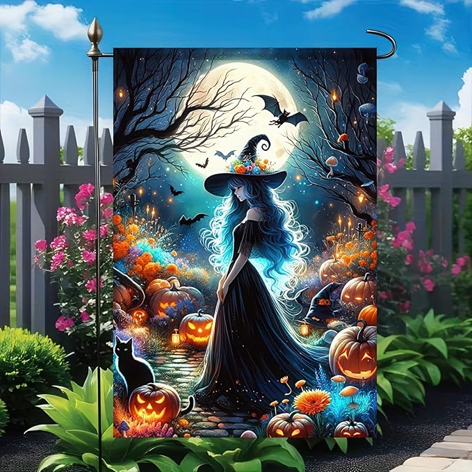 Halloween Witch Garden Flags,Witch Best Friend Black Cat Halloween Yard Flag,Holiday Patio Yard Outdoor Party Decor 12x18 Inch Double Sided