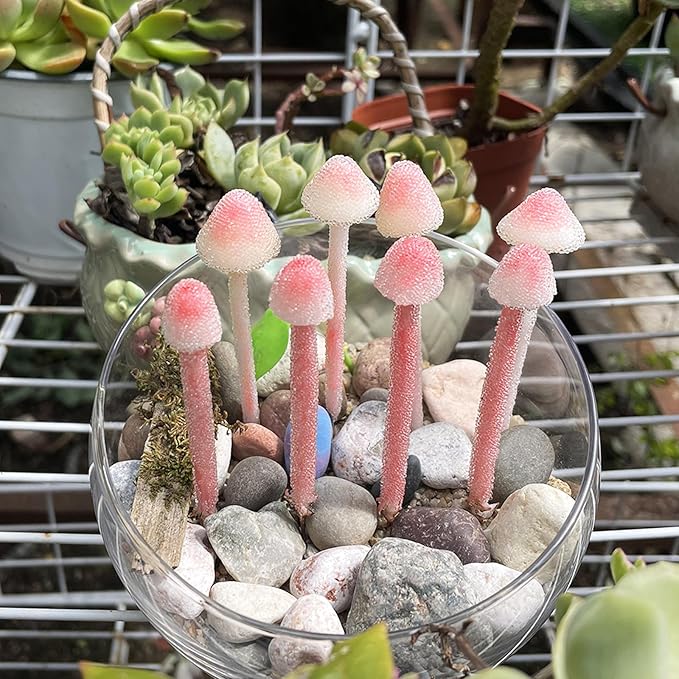 Handmade Glittery Pink Resin Clay Mini Mushrooms - 8Pcs Fairy Garden Decor with Frosted Beads, Miniature Terrarium Ornaments & Desk Plant Accessories Holiday Ornaments & Desktop Decorations