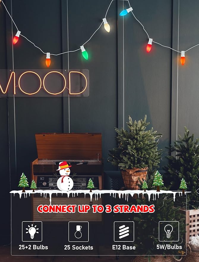 C7 Christmas Lights Outdoor, 25Ft Vintage Christmas String Lights with 27 Multicolor Ceramic Bulbs, Hanging Christmas Decorations Lights for Roofline House Garden Patio Backyard Party-White