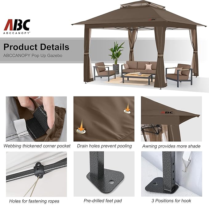 ABCCANOPY 13x13 Pop Up Gazebo, Outdoor Canopy Tent, Instant Screened Shelter with Mosquito Netting for Patio, Garden, Backyard, Party, Camping (Brown)