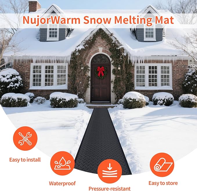 Snow Melting Mats for Roof Valley Walkways, Anti-Slip 120V Outdoor Heated Ice Removal, Roof Deicing System Black 19 in x 11.5 ft