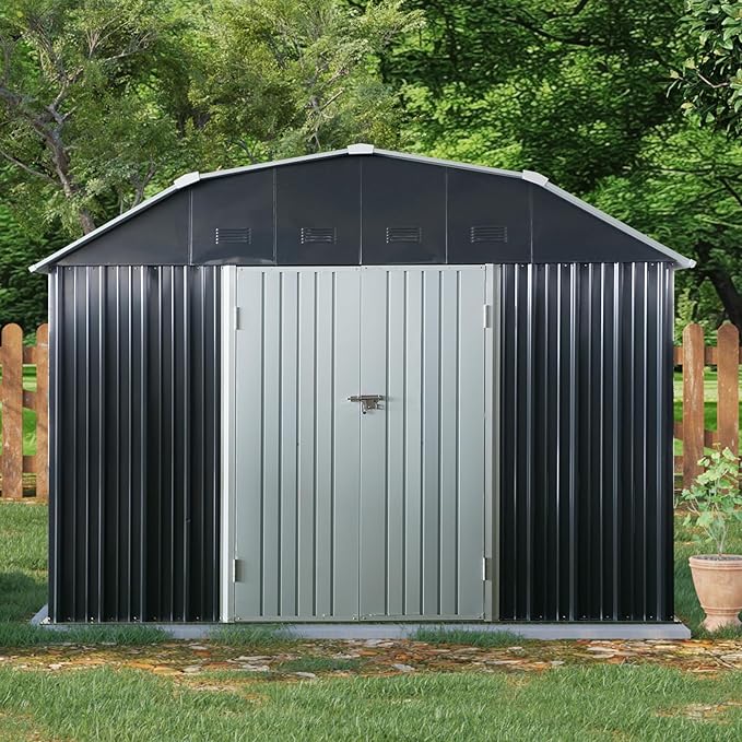 Ball & Cast 10x12FT Outdoor Storage Shed,Large Metal Tool Sheds with Locking Double Doors,Garden Tool House W/Arch Roof & Ventilation Slots,for Backyard Garden Patio Lawn,Black