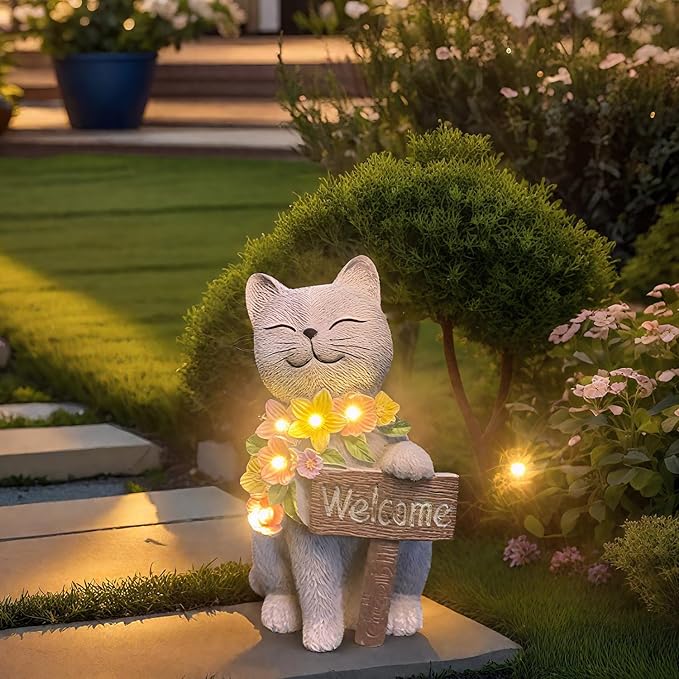 Solar Cat Garden Statue for Outdoor Decor, Cat Solar Light with Flowers, Resin Welcome Cats for Garden, Yard, Lawn Decor, Cats Lover Gifts for Women
