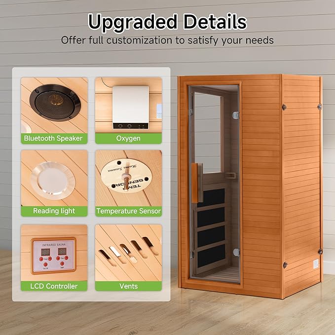 1 Person Infrared Sauna, Home Sauna Hemlock Wooden Indoor Dry Saunas Room, Low EMF 950W/110V Heaters Panels, Bluetooth Speakers, Reading Lamp