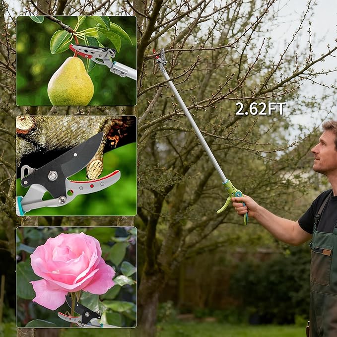 GARTOL Cut & Hold Long Reach Pole Pruner, 32 Inch Lightweight Tree Trimmer Long handle Pruner, Cuts up to 1/2 Inch, One-Hand Use Garden Pruning Shears for Branches Trimming, Fruit Picking