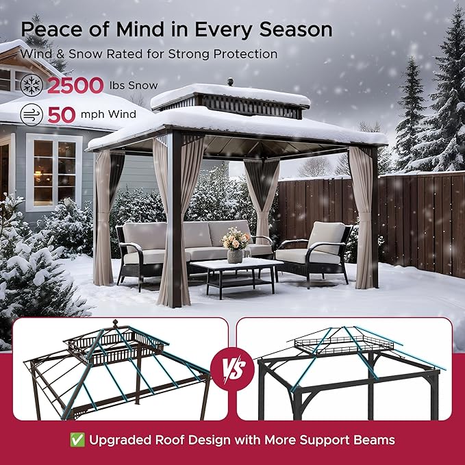 SUNJOY Kingston 12' x 10' Hardtop Gazebo with Galvanized Steel Double Roof, Curtain and Netting, Brown Aluminum Posts Permanent Pavilion Gazebo for Garden, Patio, Deck, Lawn