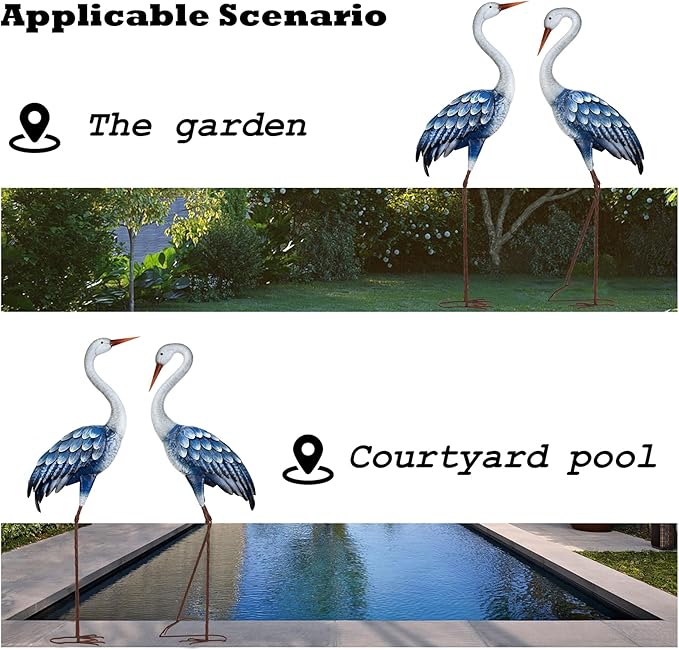 Kircust Outdoor Blue Heron Statues Metal Garden Crane Sculptures, Bird Yard Art Large 47-48 Inch, Set of 2, for Pond & Lawn Garden Decor, Gifts for Women, Men, Friends