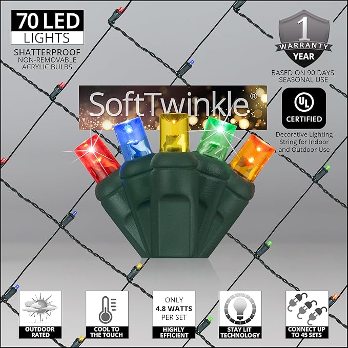 Wintergreen Lighting SoftTwinkle Pulsing Net Twinkle Lights, Outdoor Twinkling Christmas Lights, Green Wire (70 Lights, 4’ x 6’ Net, Multicolor)