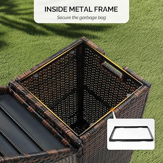 VINGLI 33 Gallon Outdoor Trash Can with Convenient Lid, Rattan Garbage Container with Side Hook, Weatherproof Patio Trash Can for Graden, Yard, Patio, Brown