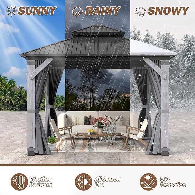 10 x10FT Wood Gazebo,Outdoor Wooden Hardtop Gazebo with Galvanized Steel Doule Roof,Cedar Wood Frame Gazebos with Netting &Curtainfor Patio Backyard Deck