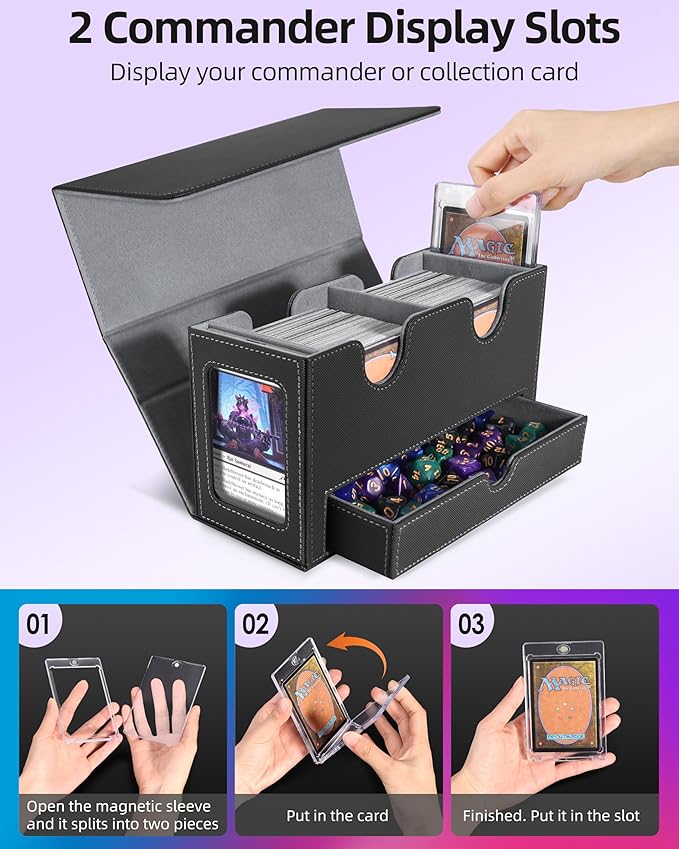 MTG Deck Box, MTG Commander Card Deck Box with Commander Display, Fits 250+ Single Sleeved, Double Card Storage Box with Dice Tray, Magnetic Card Storage Case for CCG TCG Sports Cards, Black Grey