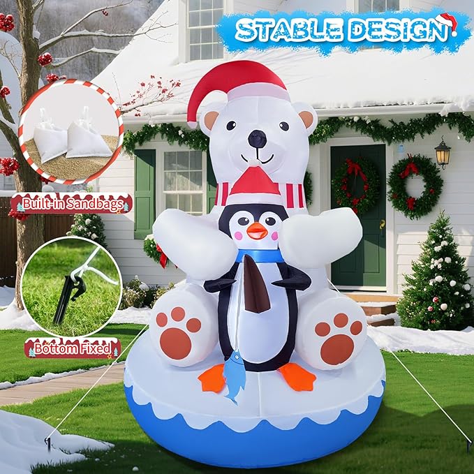 2025 Christamas Inflatable Polar Bear 6FT Polar Bear and Penguin Fishing Christmas Inflatables Outdoor Decoration Xmas Blow Up Decor with 4 Built-in LEDs for Holiday Party Yard Garden Lawn Decor
