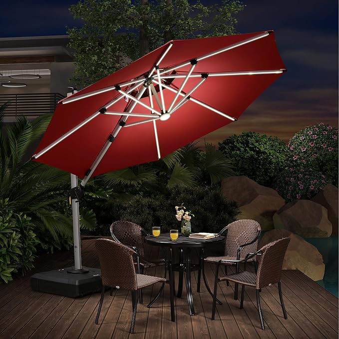 PURPLE LEAF 10ft Solar powered LED Patio Umbrella Outdoor Round Umbrellas Large Cantilever Umbrella with LED lights Windproof Offset Umbrellas Heavy Duty Sun Umbrella for Garden Deck Pool Patio, Terra