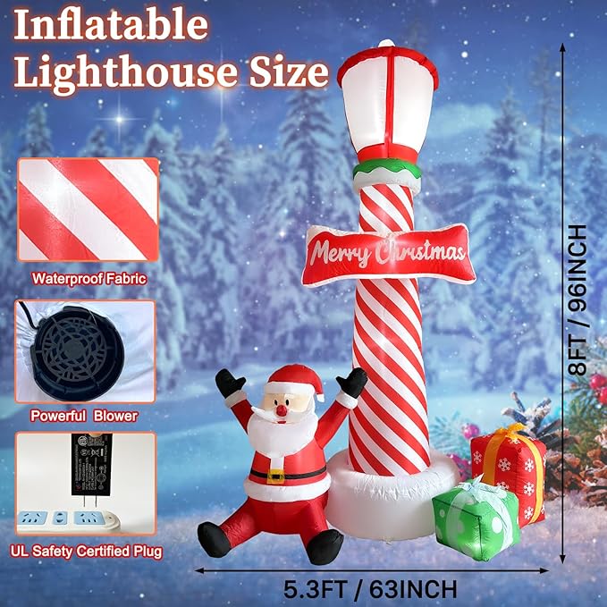 ZXSWONLY 8.1ft Christmas Inflatable Lighthouse with Santa Claus and Gift Box, Christmas Inflatable Lighthouse with Built-in LED Lights for Holiday Party Outdoor Garden Yard Lawn Decoration