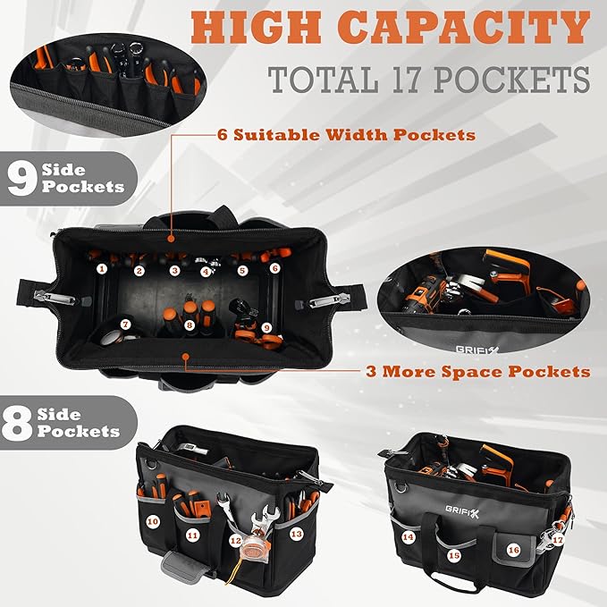 17-inch Tool Bag, Tool Box Organizer Storage, Wide Mouth Tool Tote Bag with Large Zipper, 17-Pocket Portable Adjustable Shoulder Strap and Ergonomic Handle (17" Molded Base)