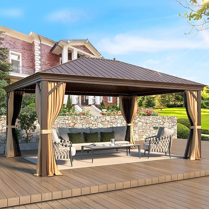 YOLENY 12' X 16' Hardtop Gazebo Galvanized Steel Outdoor Patio Gazebos Canopy Permanent Gazebo with Single Roof Aluminum Frame, Netting & Curtains for Garden, Patio, Lawns, Deck