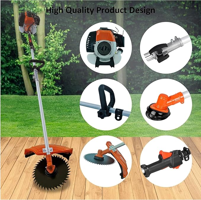 52CC Gas Weed Wacker, 6-in-1 2-Stroke String Trimmer and Brush Cutter, Multifunction Grass Trimmer, Lawn Edger, Hedge Trimmer, Pole Saw for Yard, Lawn, Garden and Landscaping (Gas Powered 52cc Orange)