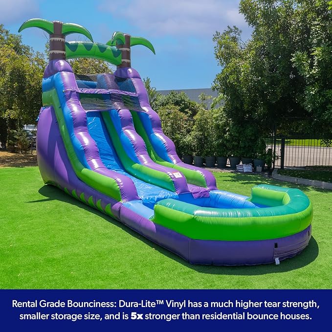 HeroKiddo 16’ Purple Tropical Lightweight Premium Commercial Grade Water Slide Inflatable with Attached Pool for Kids and Adults (with Blower), Wet Dry Use, Summer Fun