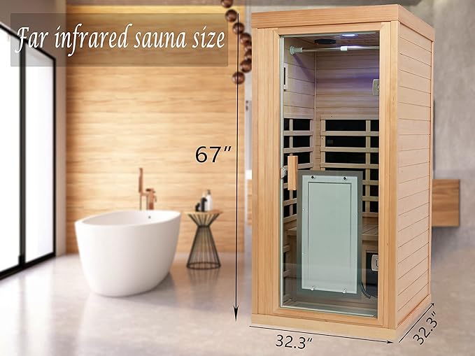 1 Person Infrared Sauna Indoor Sauna Room for Home, 8pcs Infrared Carbon Heating Panels, Hemlock Personal Saunas with Clothing Hanging Rod, LCD Display, Blue-Tooth, LED Reading Lamp