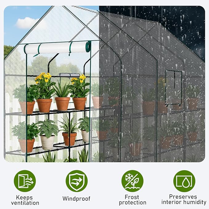 Outvita Walk-in Greenhouse, Outdoor Durable PE Plant Green House for Frost Protection with 3 Tiers 12 Shelves, Shelf Clips, Roll-up Zipper Door, 56"x85"x77" White