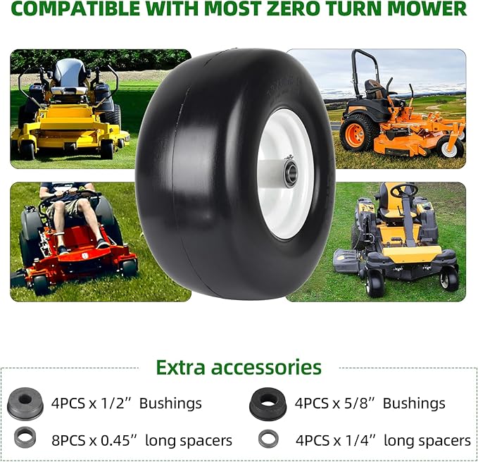 AR-PRO (2-Pack) 13x6.50-6 Flat Free Tire and Wheel - Universal 13x6.5-6 Solid Rubbe Riding Lawn Mower Tire with Rim - With 5.5"-7.8” Centered Hub and 3/4" Bearings extra 5/8" 1/2” Bushings
