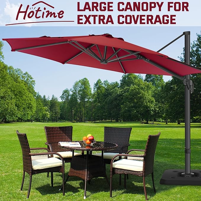 Hotime 10ft Patio Umbrella Outdoor Patio Windproof and Height adjustable, Heavy Duty Aluminum Round Offset Patio Umbrella Cantilever Pool Umbrella with 360°Rotation for Garden Deck Pool, Wine Red