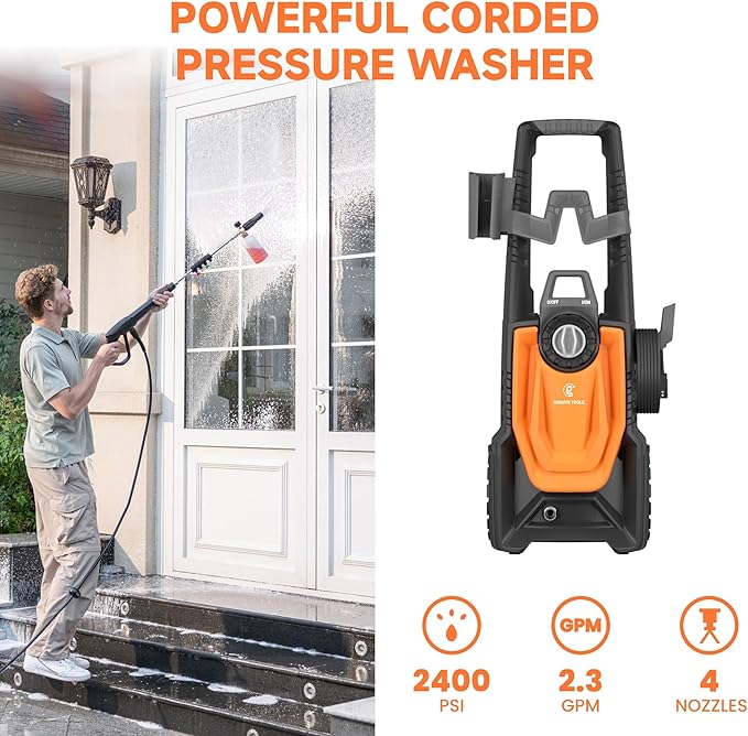 Giraffe Tools Pressure Washer, Max 2400 PSI, 2.3 GPM Electric Power Washer with 4 Quick-Connect Nozzles, Foam Cannon for Cars/Patios/Driveways/Fences