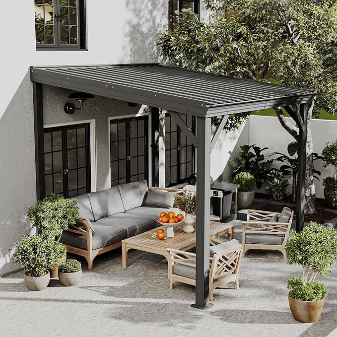 Domi 8’ x 8’ Wall-Mounted Hardtop Gazebo Pergola – Permanent Lean-to Outdoor Shelter with Sloped Galvanized Steel Roof & Upgraded Drainage – Grey Metal Patio Cover for Backyard, Deck, Garden